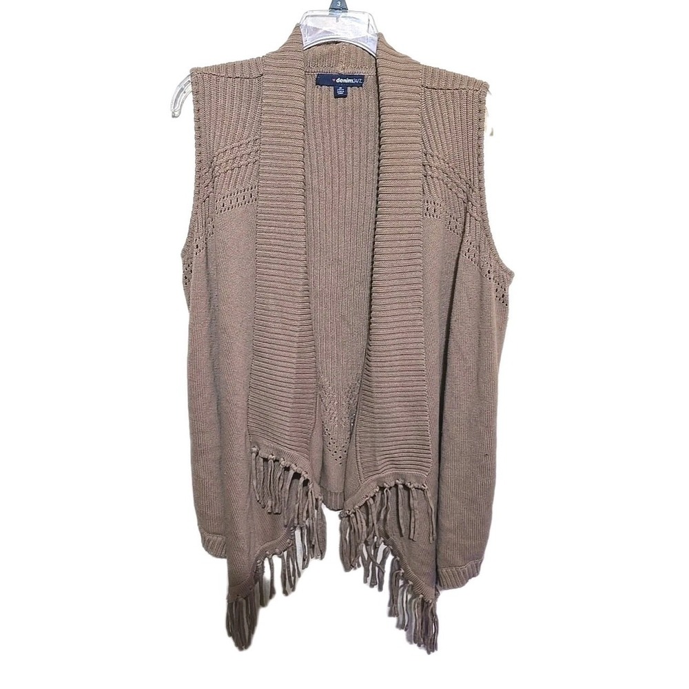 Denim 24/7 Brown Open Front Knit Fringe Preppy Cardigan Sweater Womans Size 1X